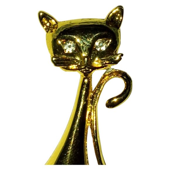 Vintage Gold Tone Cat Brooch Clear Rhinestone Eyes Long Neck Kitty Pin - Picture 4 of 9